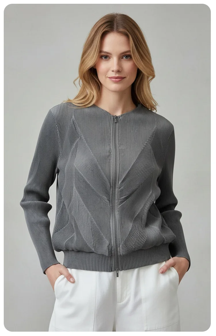 Elegant Women's Spring/Summer Textured Pleated Zipper Long-Sleeved Slim Fit Casual Cardigan Jacket