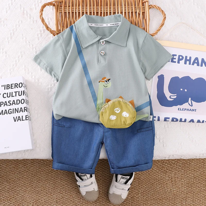 

2025 New Summer Children's Dinosaur Three-dimensional Bag Casual T-shirt and Shorts Two-piece Set