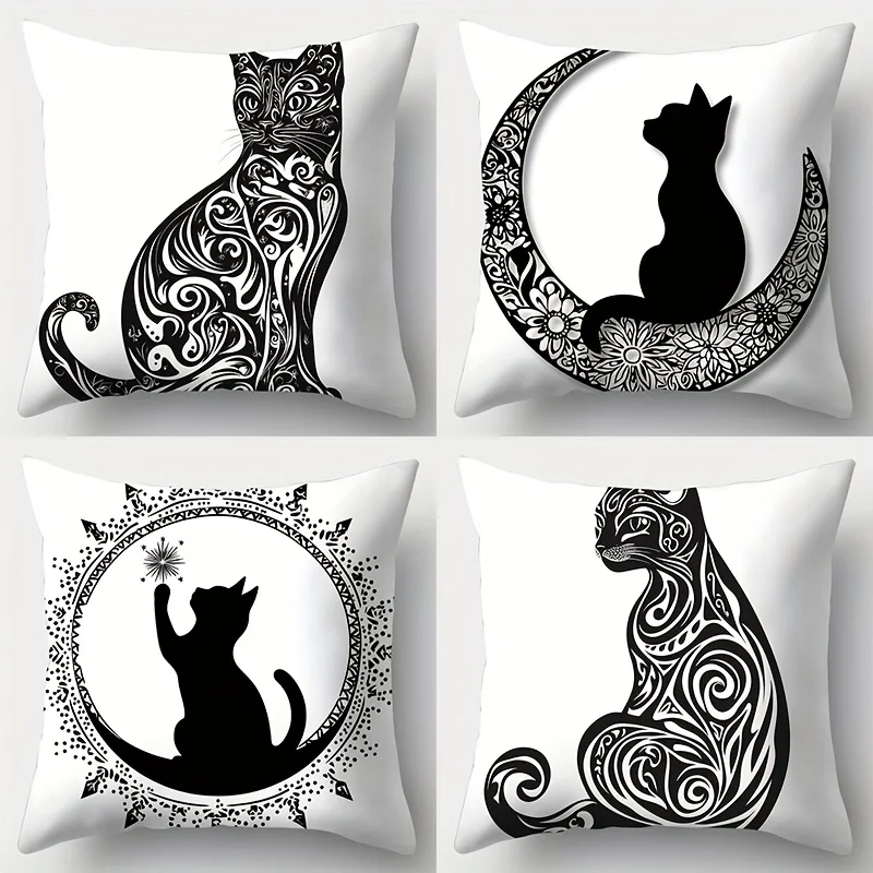 

4pcs Set Cat-Themed Decorative Pillow Covers - Artistic Kitten and Floral Patterns, Soft Polyester, Zip Closure, Machine Washabl