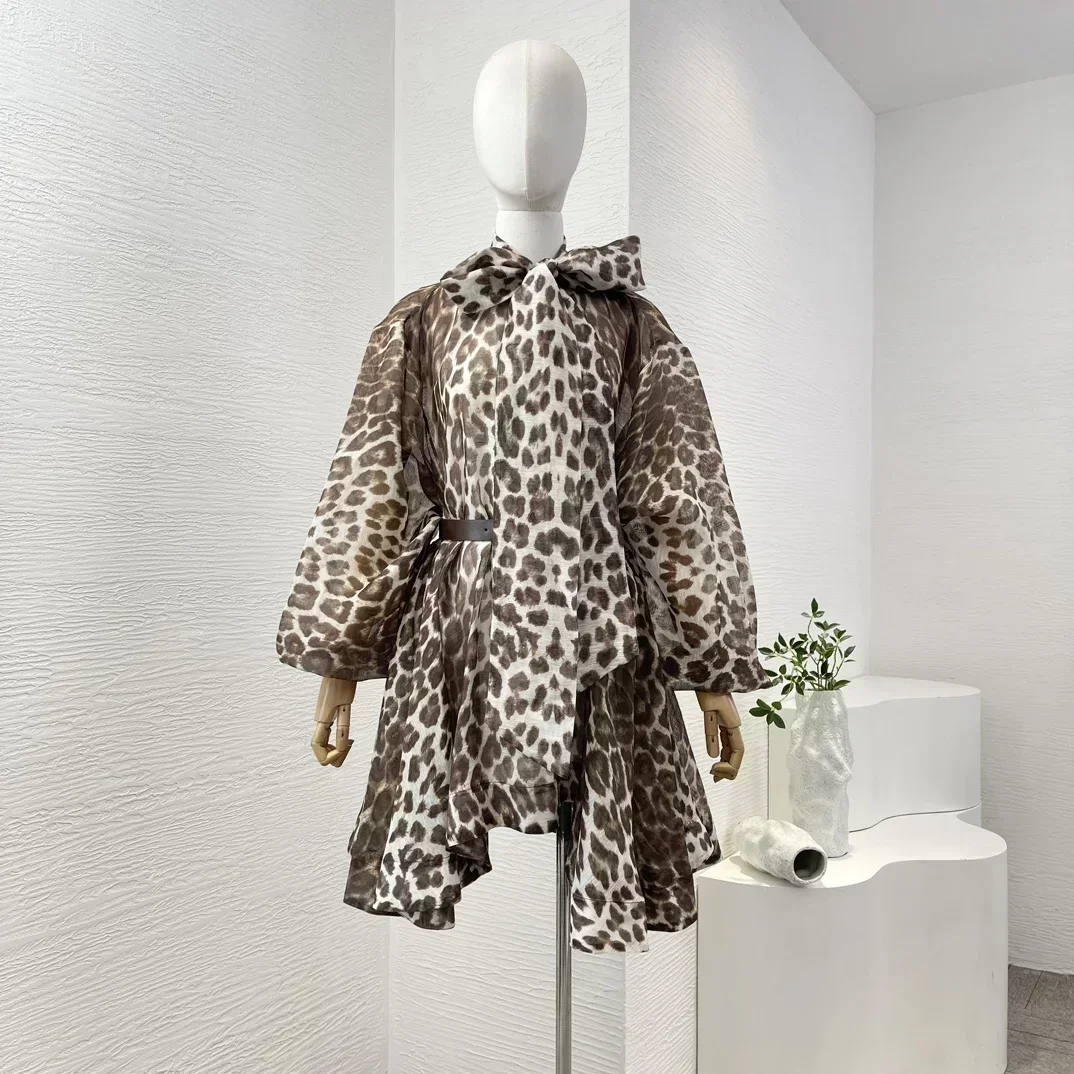 Minivestido holgado de lino y seda para mujer, minivestido clásico de alta calidad con estampado de leopardo, manga larga, pajarita en el escote, cinturón, novedad de 2024