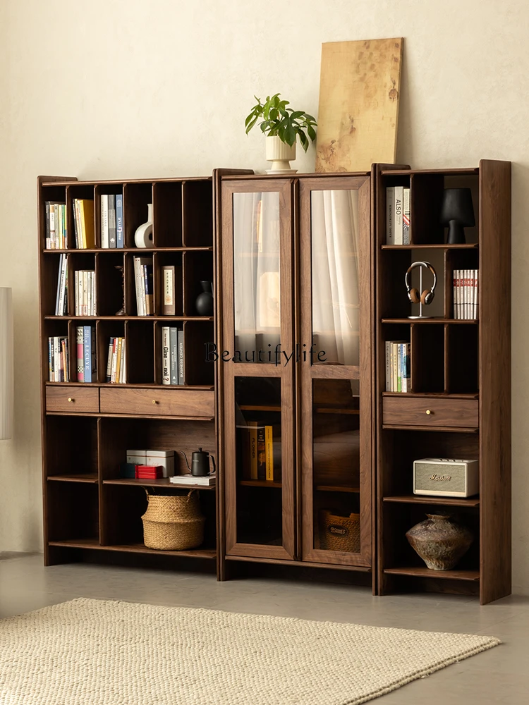 

North American black walnut bookcase with glass door narrow cabinet vertical cabinet solid wood two door bookshelf