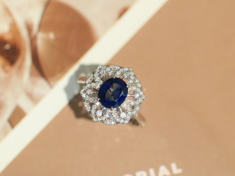 LUOWEND 100% 18K White Gold Rings Luxury Diamond Natural Sapphire Ring Romantic Flower Shape High Wedding Jewelry for Women