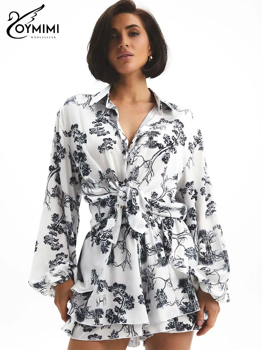 

Oymimi Women's Black White Printed 2-Piece Set 2026 Spring Twist Front Shirt Ruffle Shorts Romantic Casual Chic Party Outfit