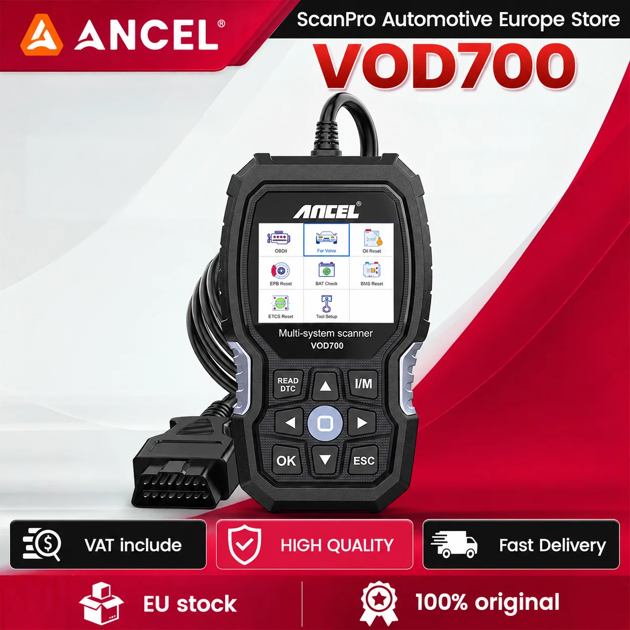 ANCEL VOD700 OBD2-Scanner für Volvo-Fahrzeuge, Codeleser, Diagnosegerät, Einspritzventil-Reset, ABS, Öl, ETC, BMS, EPB, TPMS, D-P-F-Reset