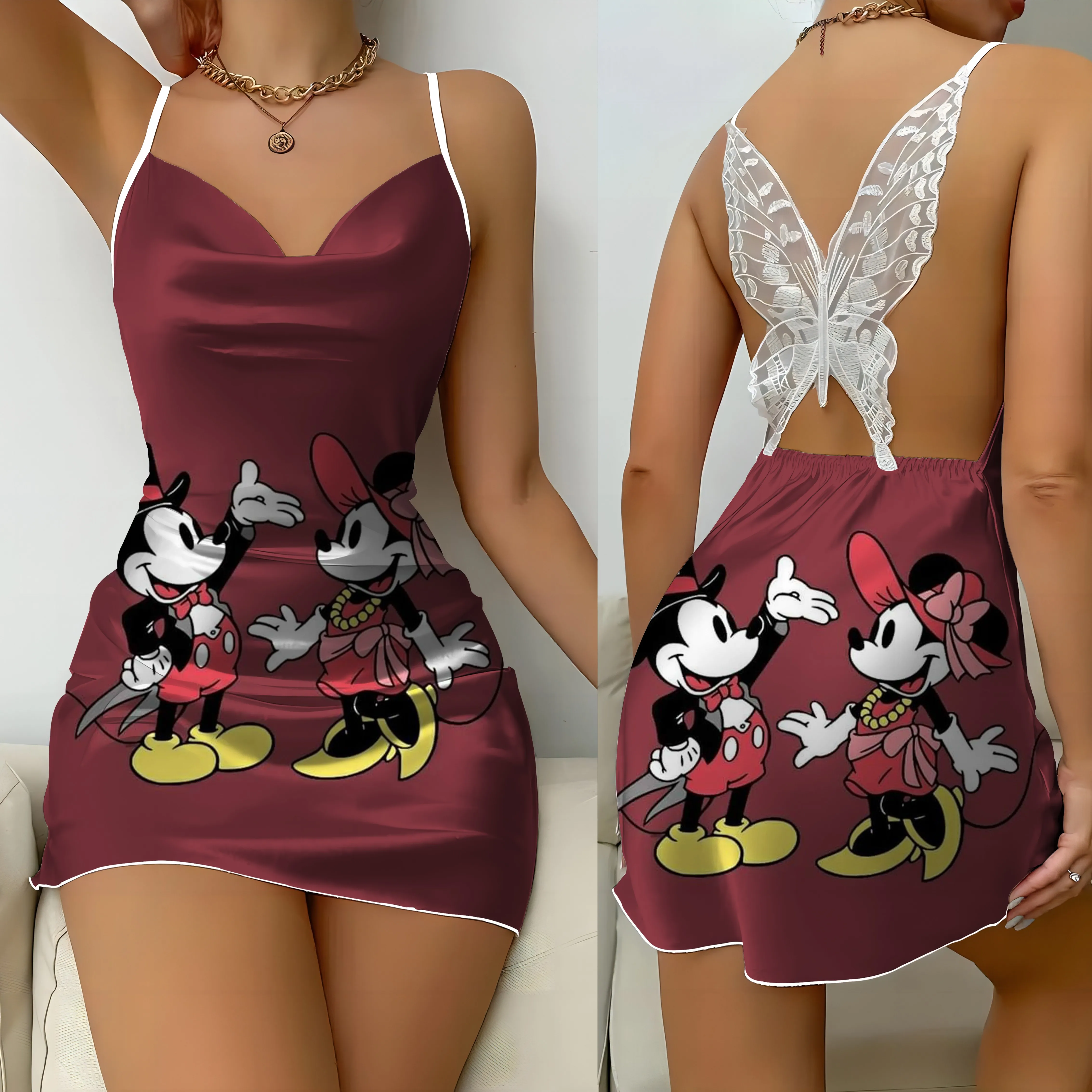 Disney-Vestido corto de satén con estampado de Mickey y Minnie Mouse para mujer, con espalda descubierta minivestido Sexy, falda de pijama con lazo para fiesta de verano, 2024