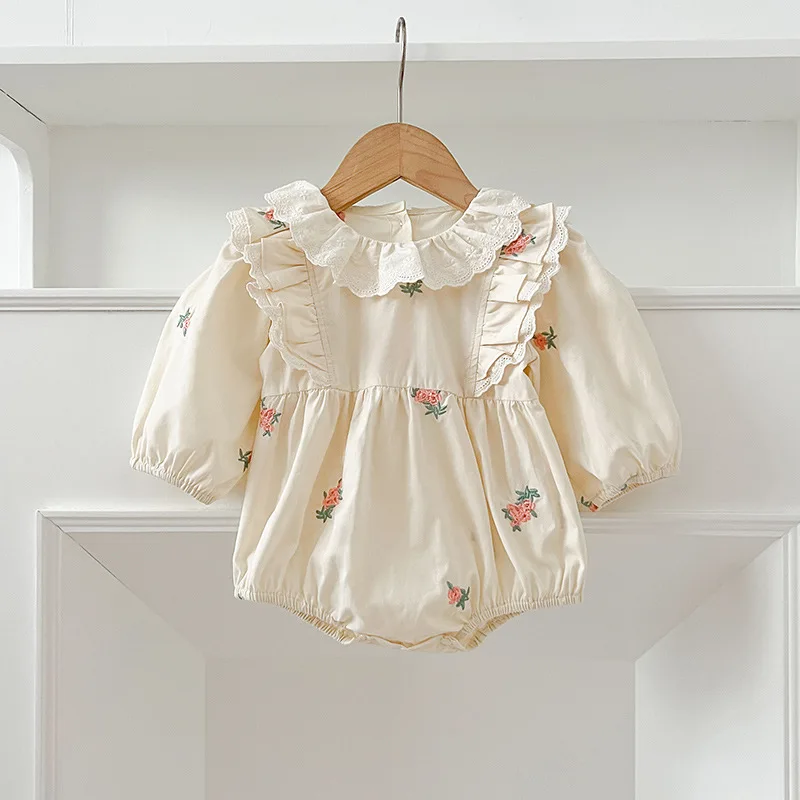 Infant Bodysuit Spring Baby Romper Girl Pure Cotton Long Sleeve Embroidered Triangle Pants Outfit Crawling Suit Outdoor Clothing