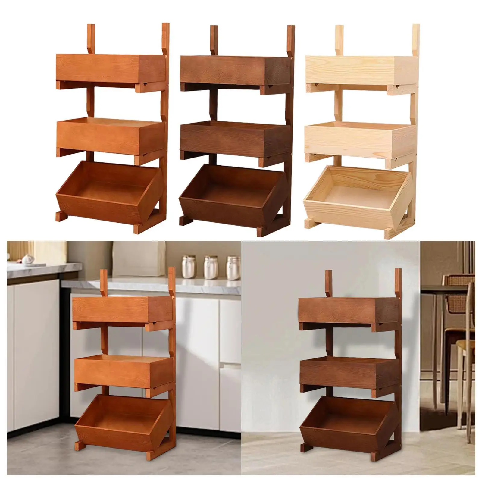 

Wood Fruit Basket Vegetable Bread Basket Pantry Shelves Can Organizer Rack Wooden Storage Rack Balcony Decor for Bedroom Home
