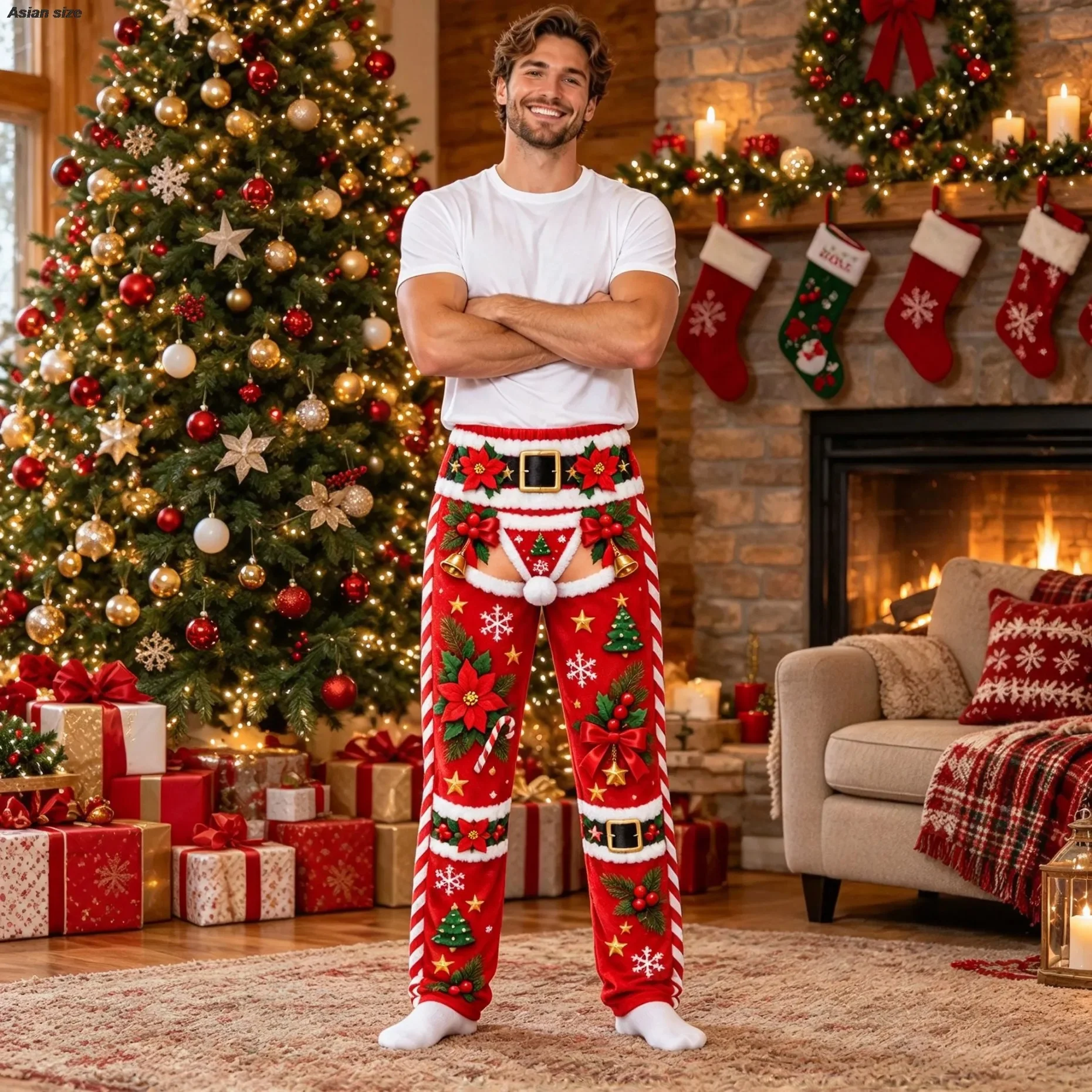 Funny Christmas wide pants, gingerbread dog paw fake thong, hollowed out print, Christmas family party novelty prank costume