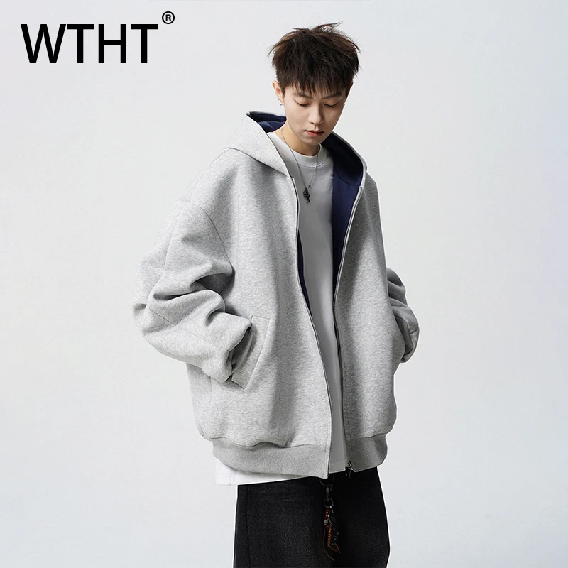 

WTHT модные осенние мужские однотонные свободные уличные пальто 2024, модные повседневные куртки с капюшоном и длинными рукавами, мужские 2A1753