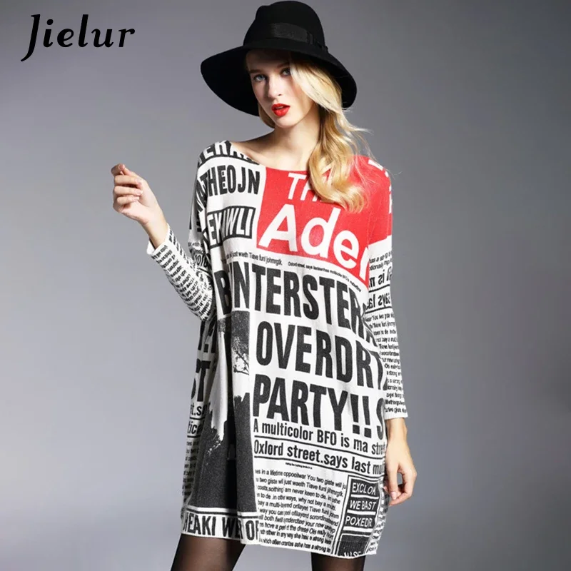 Jielur Autumn New Long Big Sweater Woman Casual Letter Print Women Sweaters Pullovers Cool Batwing Sleeve Female Pullover