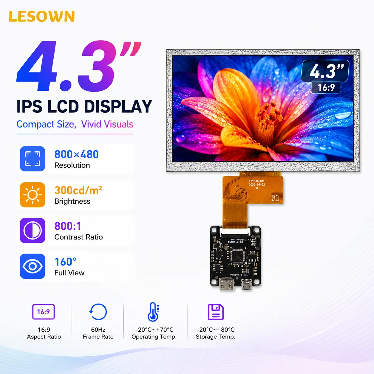 LESOWN 4.3 Inch 800x480 LCD Display Module 5-Point Capacitive Touch Mini HDMI Wide Temperature Screen for Raspberry Pi DIY
