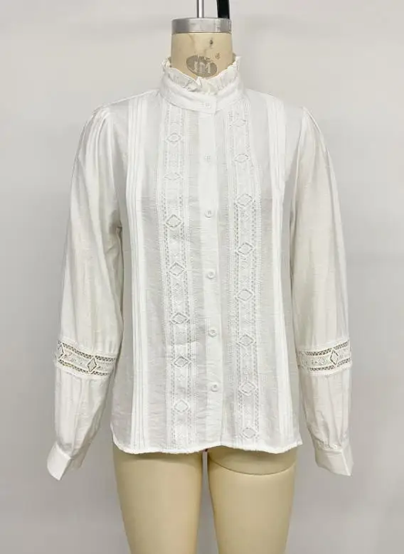 เสื้อผู้หญิง 2026 ใหม่ ฤดูใบไม้ผลิ ฤดูใบไม้ร่วง สีพื้น เรียบหรู แต่งลูกไม้ คอตั้ง แขนยาว สไตล์ลำลอง สีขาว