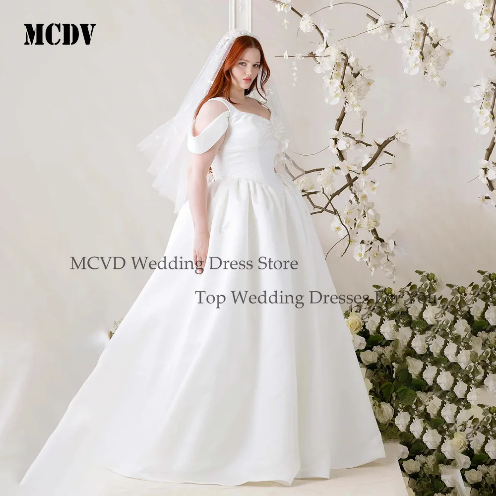 

MCDV Plus Size Satin Wedding Dress Bridal Off Shoulder A Line Pleats Pearls Sweetheart Wedding Party Gowns Vestidos Customied