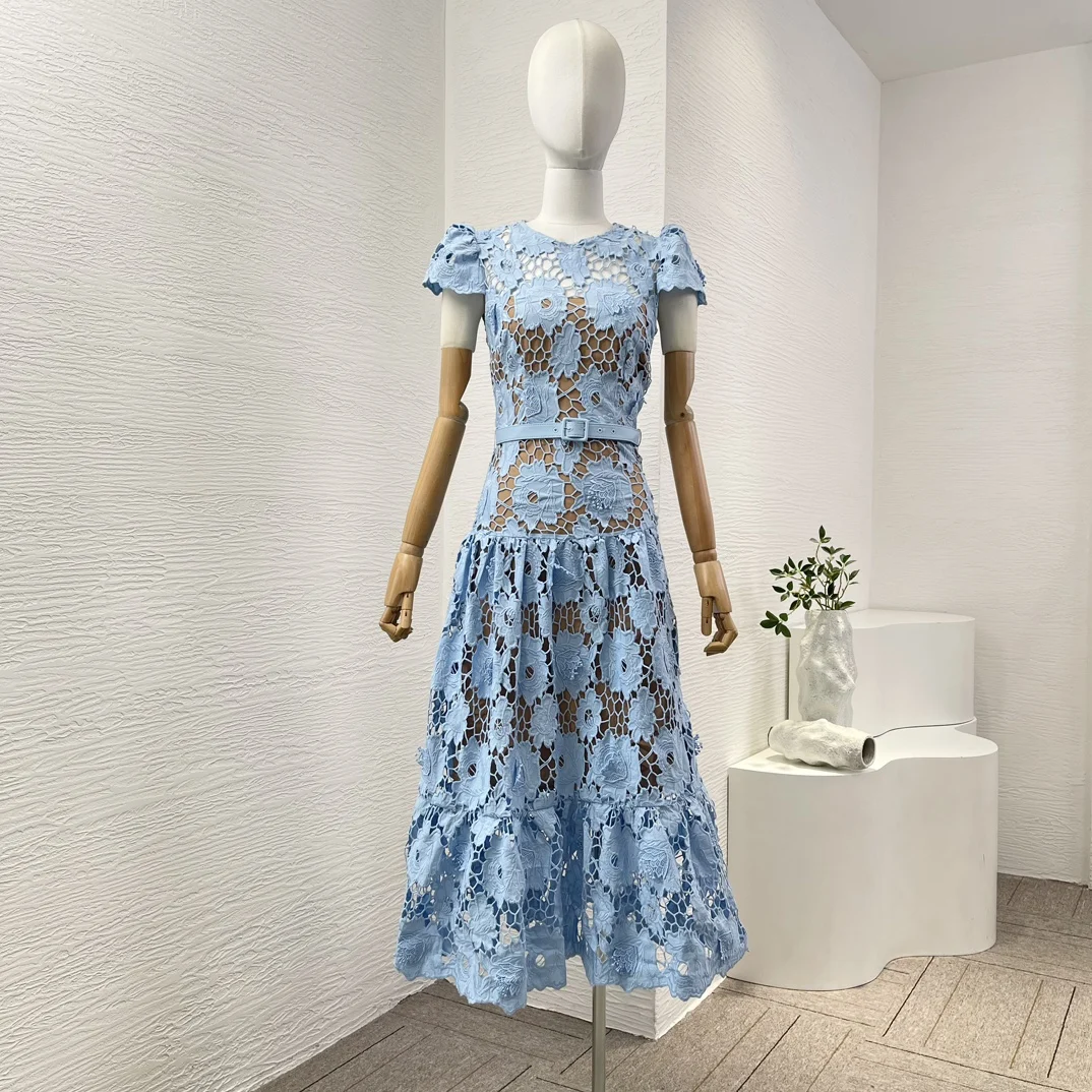 2024 New Fall Puff Sleeve Hollow Out Holes Round Neck Embroidery Short Sleeve Blue Midi Dress