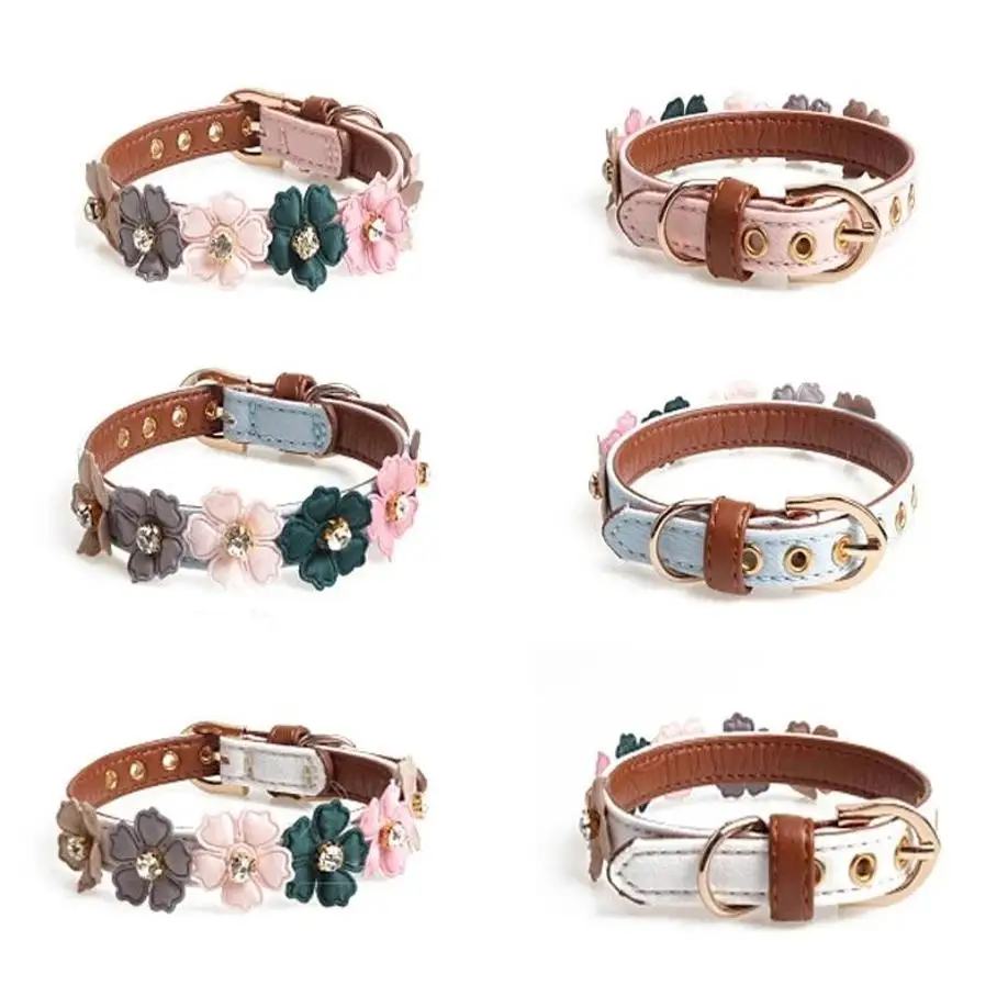 1 Stück Haustier Hund Blume Strass Halsband Blume PU Kette Leder klein und mittel Chihuahua Mops Heimtierbedarf Katze und Hundehalsband