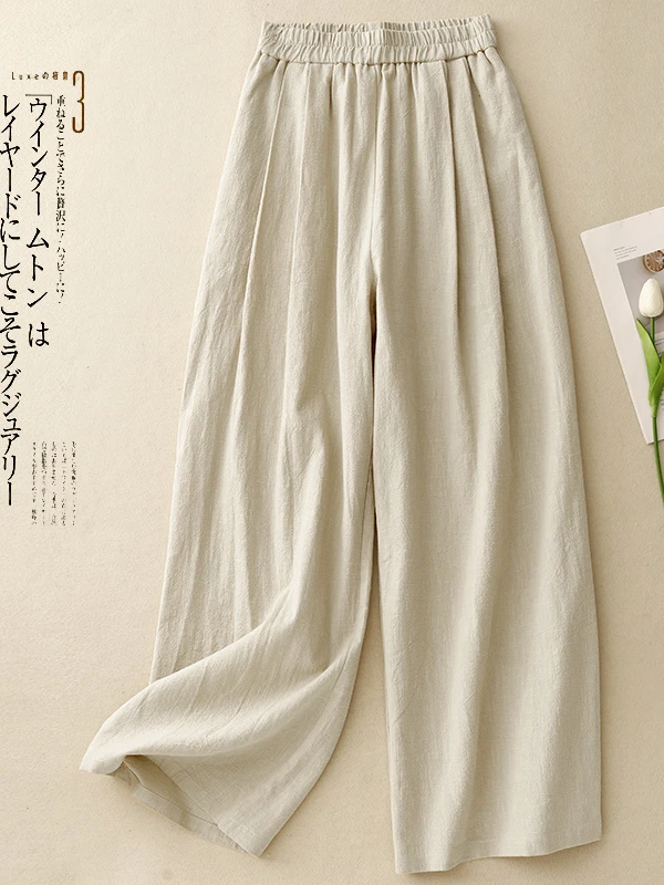 ارتفاع الخصر السراويل واسعة الساق المرأة الكتان القطن عارضة الطابق طول زن Sle مريحة فضفاضة تناسب السراويل لفصل الصيف