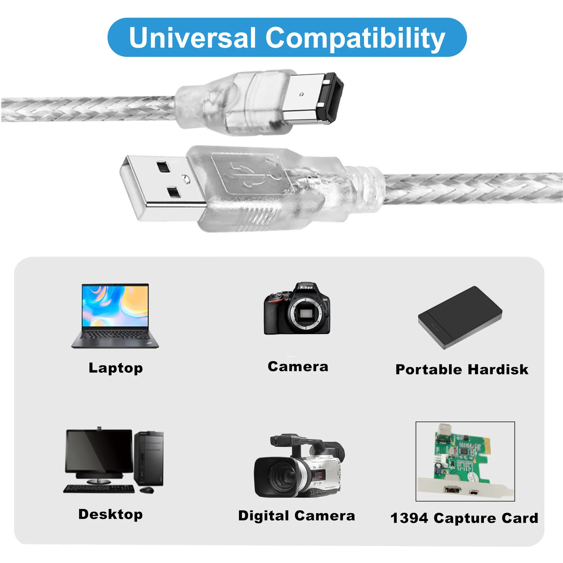 Firewire إلى كابل محول USB Firewire IEEE 1394 6 Pin ذكر إلى USB 2.0 كابل محول ذكر للطابعة الماسح الضوئي Digita