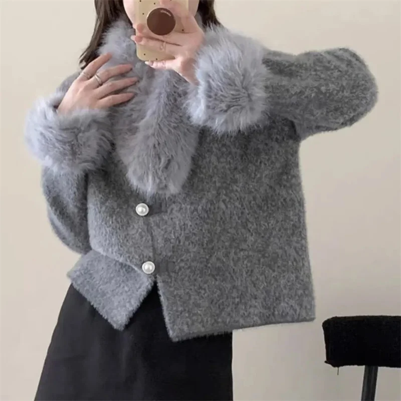 

Женская куртка, модное однобортное свободное серое пальто, женское пальто с меховым воротником в стиле ретро, съемное ароматное пальто весной и осенью