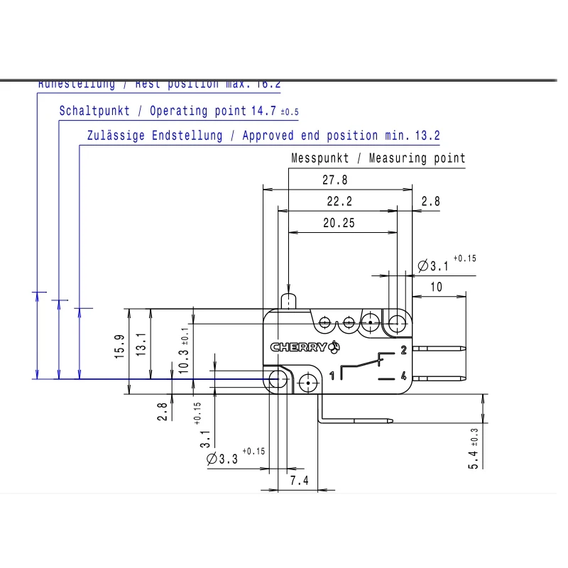 1PCS/LOTS Germany CHERRY D43H Microswitch Reset Limit Travel Straight Handle 2 Legs 6A250V