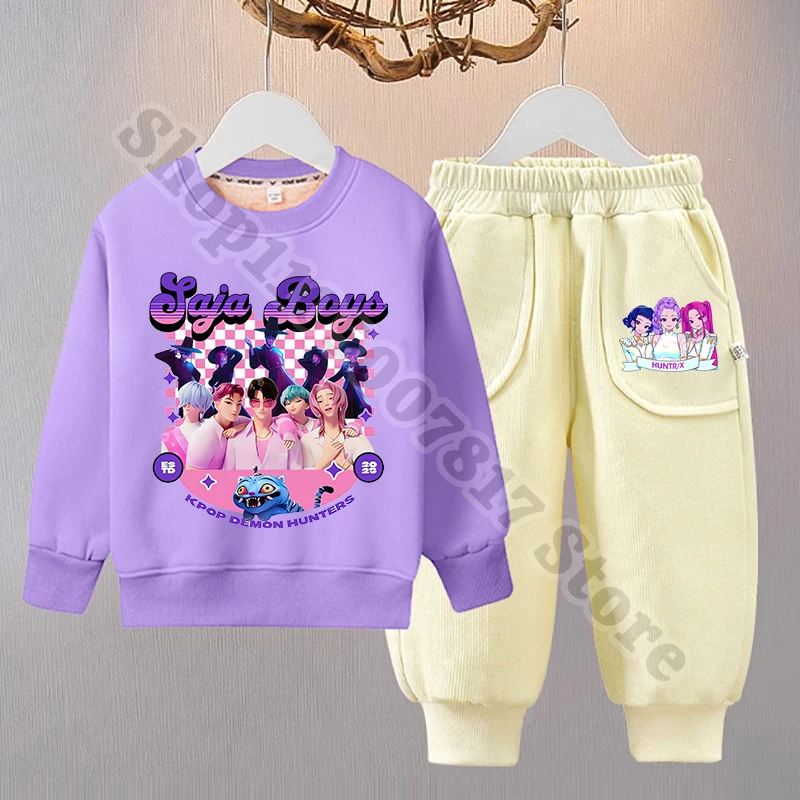KPop Demon Hunters Children Fleece Sweatshirt Pants Set Winter Cartoon Warm Clothing Girl Cute Pullover Trousers Christmas Gifts