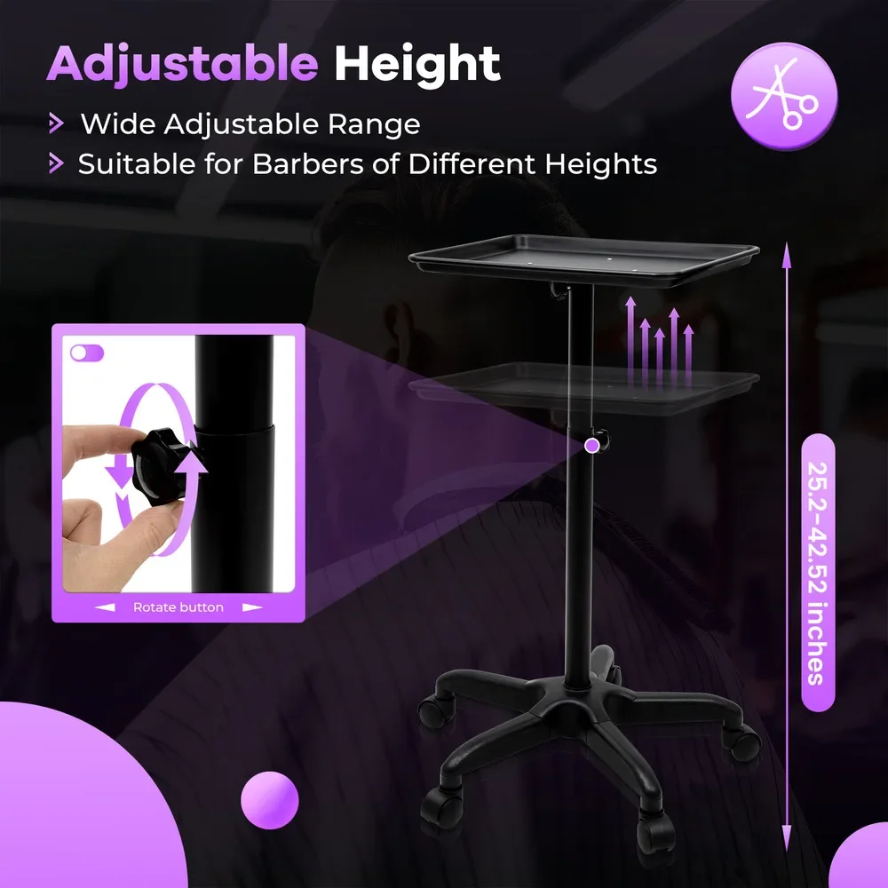 

Bymaocar Rolling Salon Tray Adjustable Height Aluminum Tattoo Trolley Commercial Furniture w/ Universal Wheels Fit Barber Stores