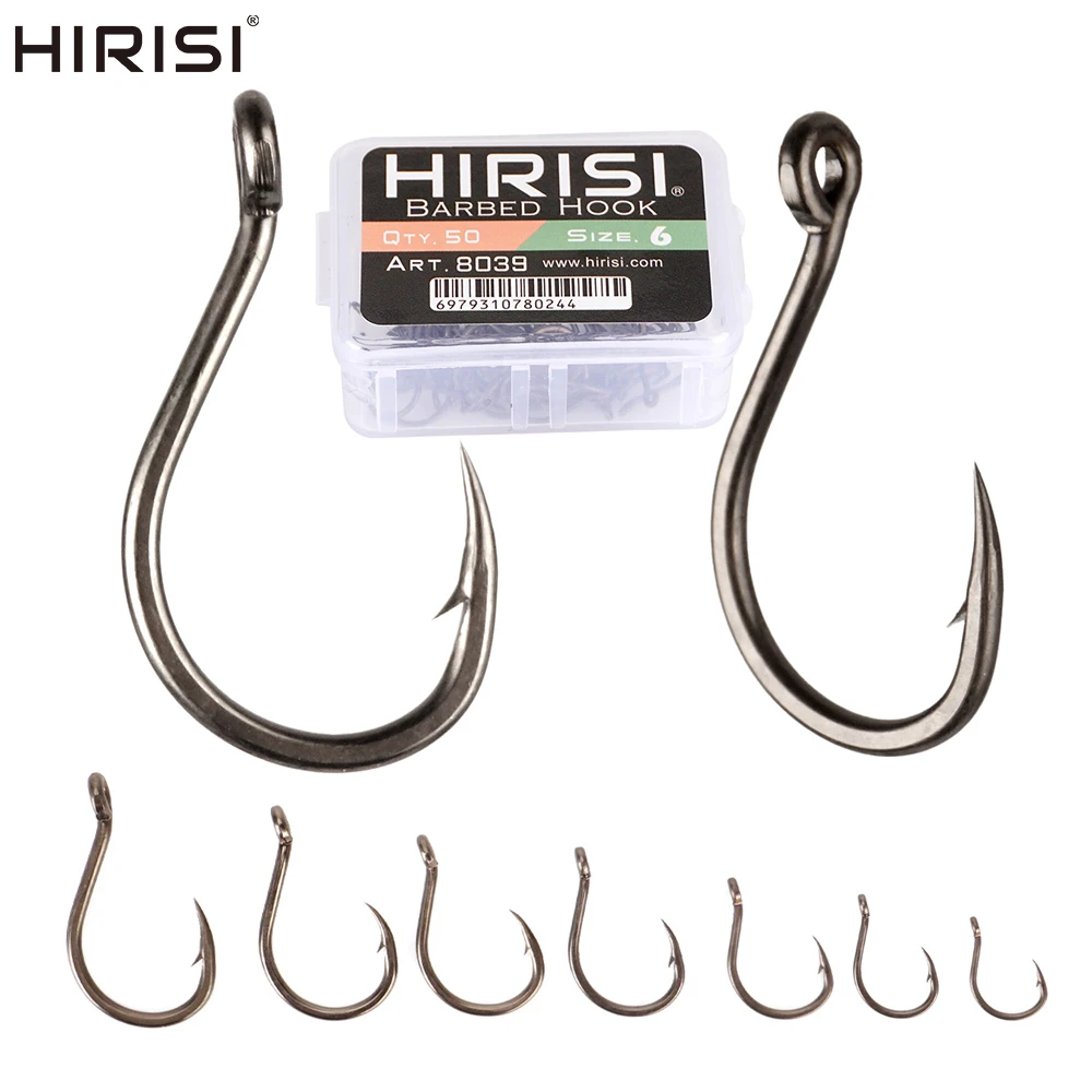 Hirisi 8039 100 Stück Hochkarbon-Stahl PTFE-beschichtete Scharfe Widerhaken-Karpfenangelhaken mit Öse, Verbindbare Box
