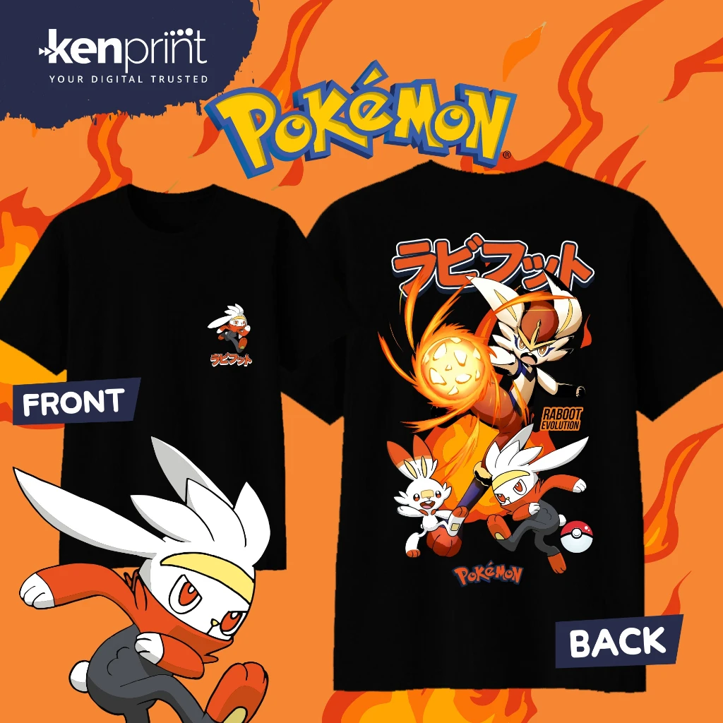 T-shirt en coton pour hommes et femmes, Anime Pokémon Scorbunny Evolution, vêtements Harajuku, à la mode, décontracté, streetwear, nouvelle collection été