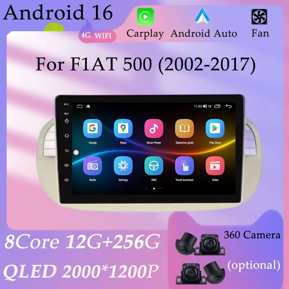 HD Screen for FlAT 500 2002 - 2017 CarPlay Android Auto Split Screen Car Radio Video Multimedia Player GPS Navi DSP Stereo BT