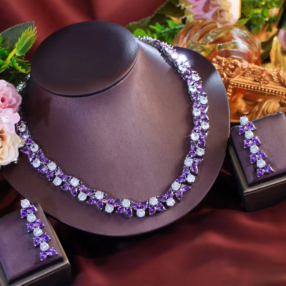Pera Gorgeous Purple White Zirconia Geometry Shape Choker Necklace Earrings Set for Brides Nigerian Wedding Jewelry Party J080