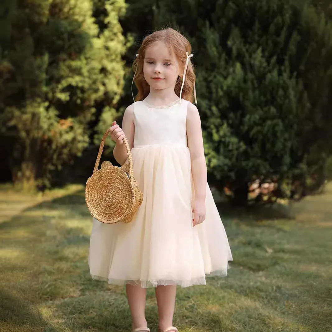 New Summer Casual style  Girl Sling Bodysuit Apricot Pink Black Sleeveless Big Bow  Mesh Skirt Jumpsuit Dress Gentle Cute2-9yrs