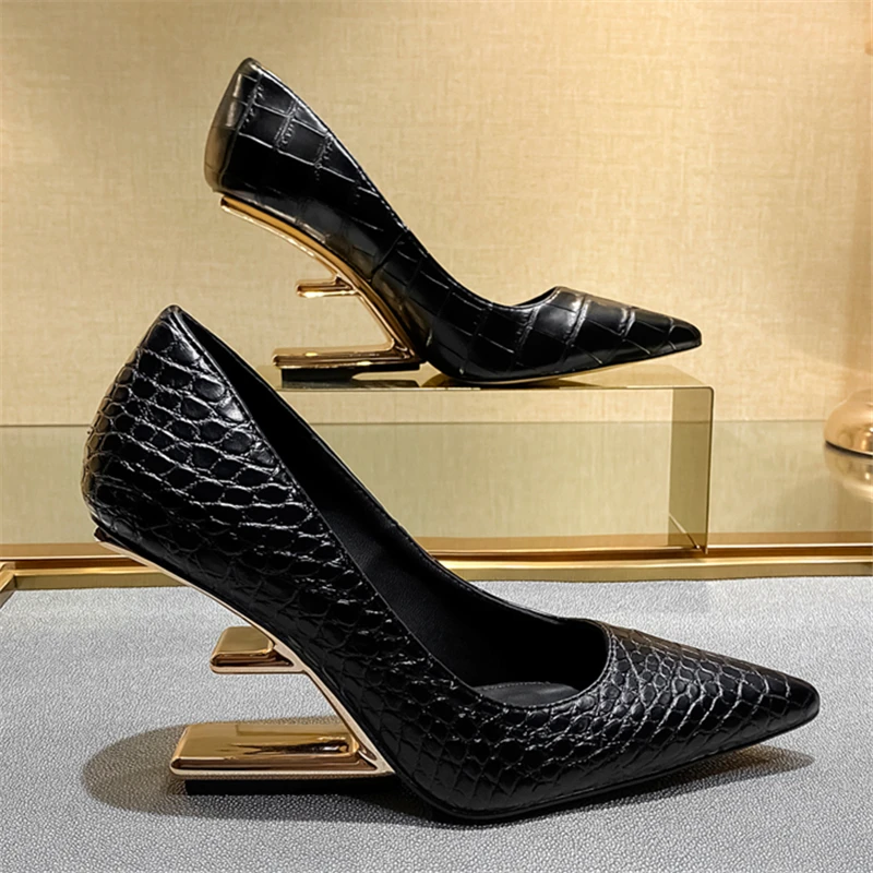 Black Alligator Women Pumps Pointed Toe High Heels Ladies Letter Strange Heel Wedges Prom Wedding Dress Valentine Shoes White