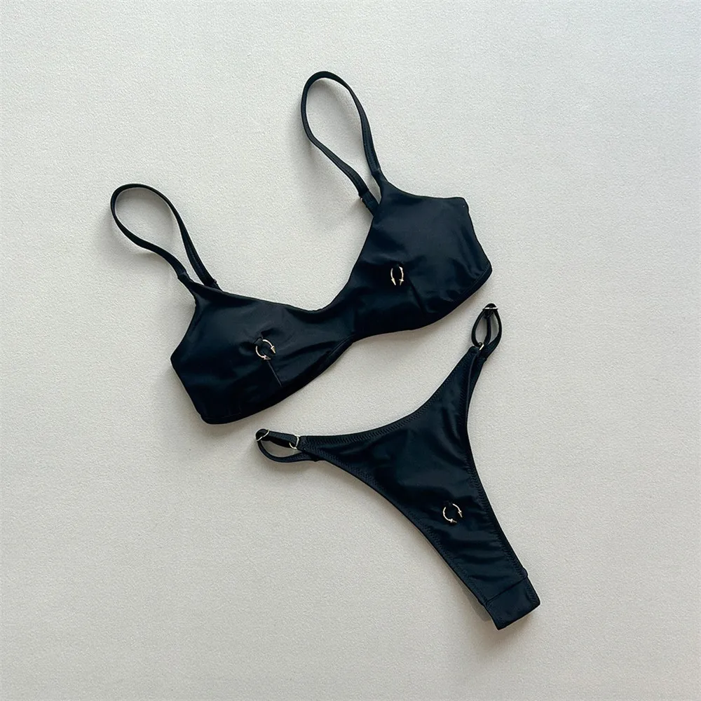 

Sexy Solid Black Triangle Micro Bikini Thong Set Swimsuit Women 2026 Metal Ring Ladies Swimwear Bathing Suit Bikinis Mujer