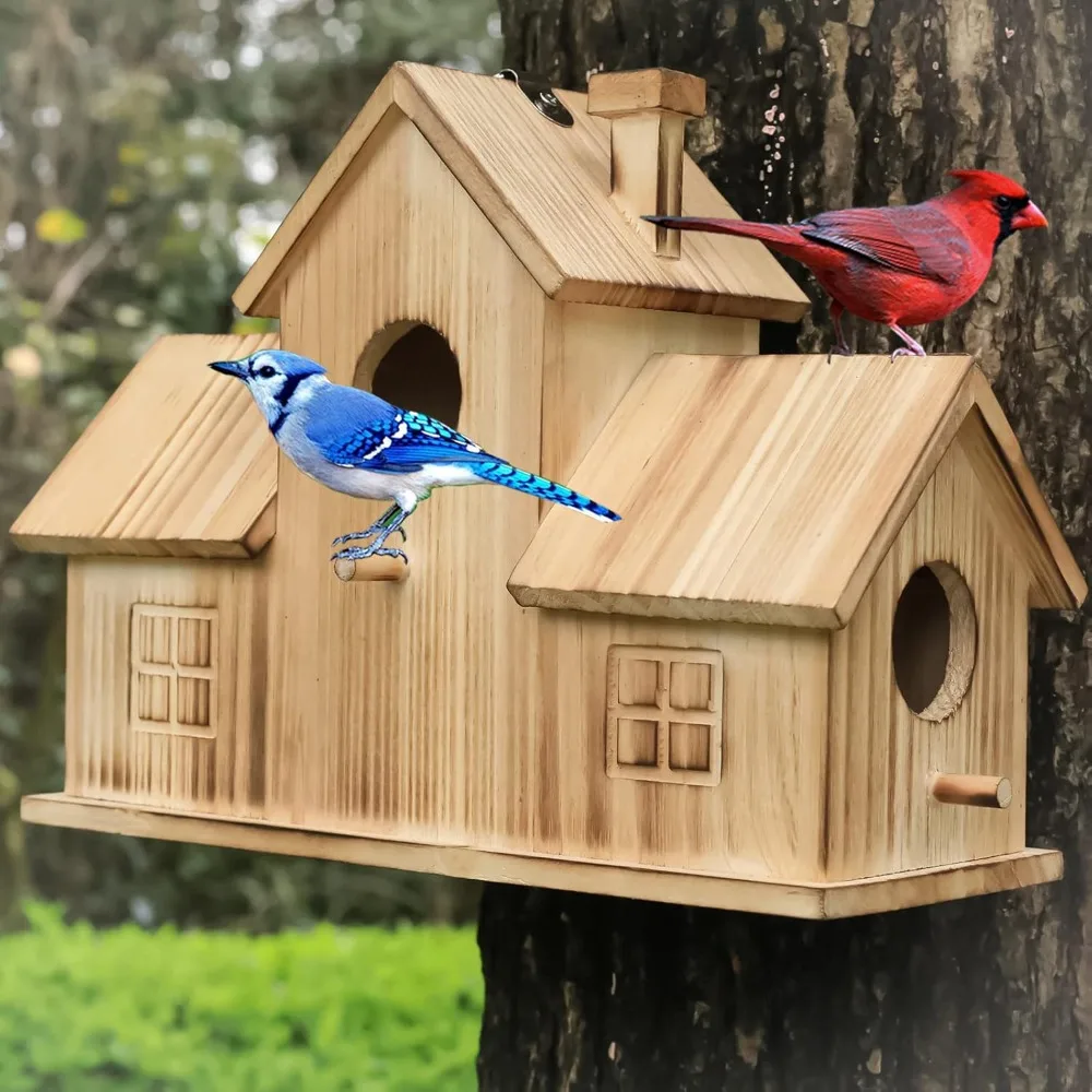 

Bird Houses for Outside,Outdoor 3 Hole Bird House Room for 3 Bird Families Bluebird Finch Cardinals Wooden Hanging Birdhouse
