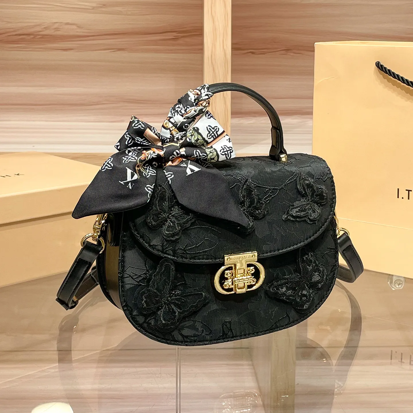 Luxury and Popular Handheld Saddle Bag with Elegant Butterfly Lace and Scarves Decoration 2026 Women Chinese Style Crossbody Bag
