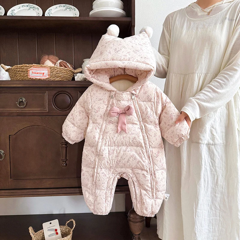 

Sli Baby Girl down Overall Outfit Winter Clothes Floral Pattern Long Sve Warm Polyester Fce Two-Piece Set for Toddlers