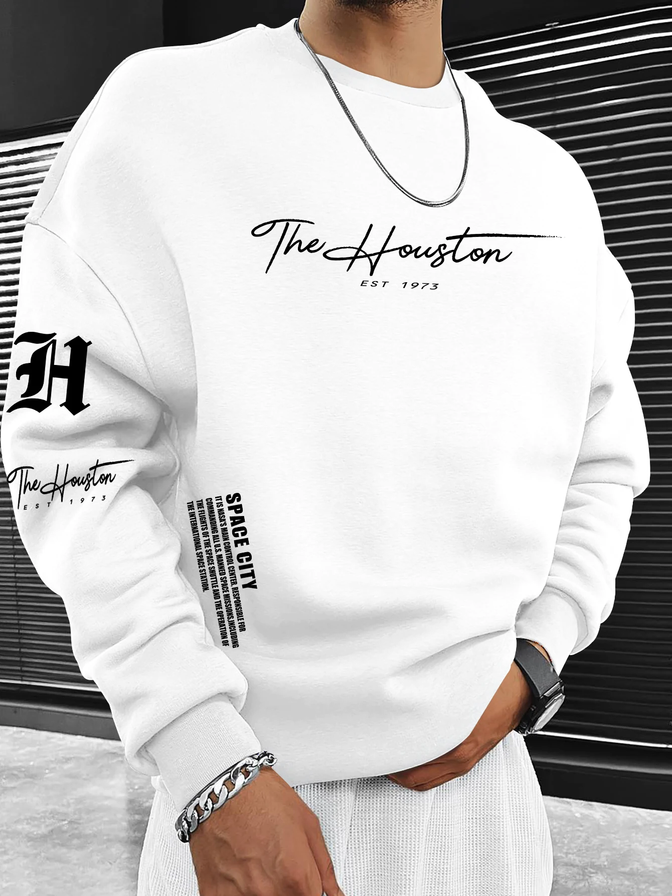 Men Women Fashion Sweatshirt, The Houston EST 1973 Script Letter Print, Minimalist Street Style, Oversized，S-XXL
