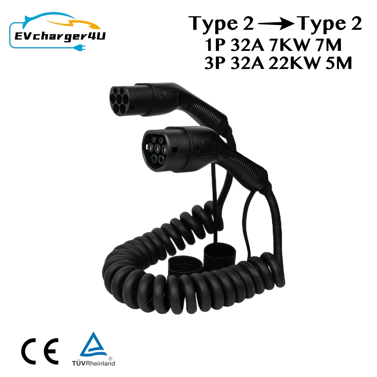 EVcharger4U Type 2 EV Charging Spiral Cable 1Phase 32A 7KW 7M, 3Phase 22KW 5M Mode 3 Coiled Charger Cord for Electric Car CE TUV