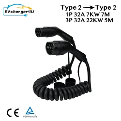 EVcharger4U Type 2 EV Charging Spiral Cable 1Phase 32A 7KW 7M, 3Phase 22KW 5M Mode 3 Coiled Charger Cord for Electric Car CE TUV