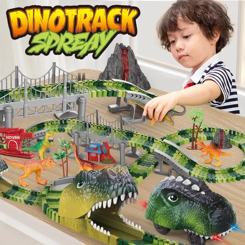 Dinosaur Track Electric Dinosaur Car Mountain Road Rail Kids Puzzle Playful Toy Emit Light Boys Christmas Birthday Gift