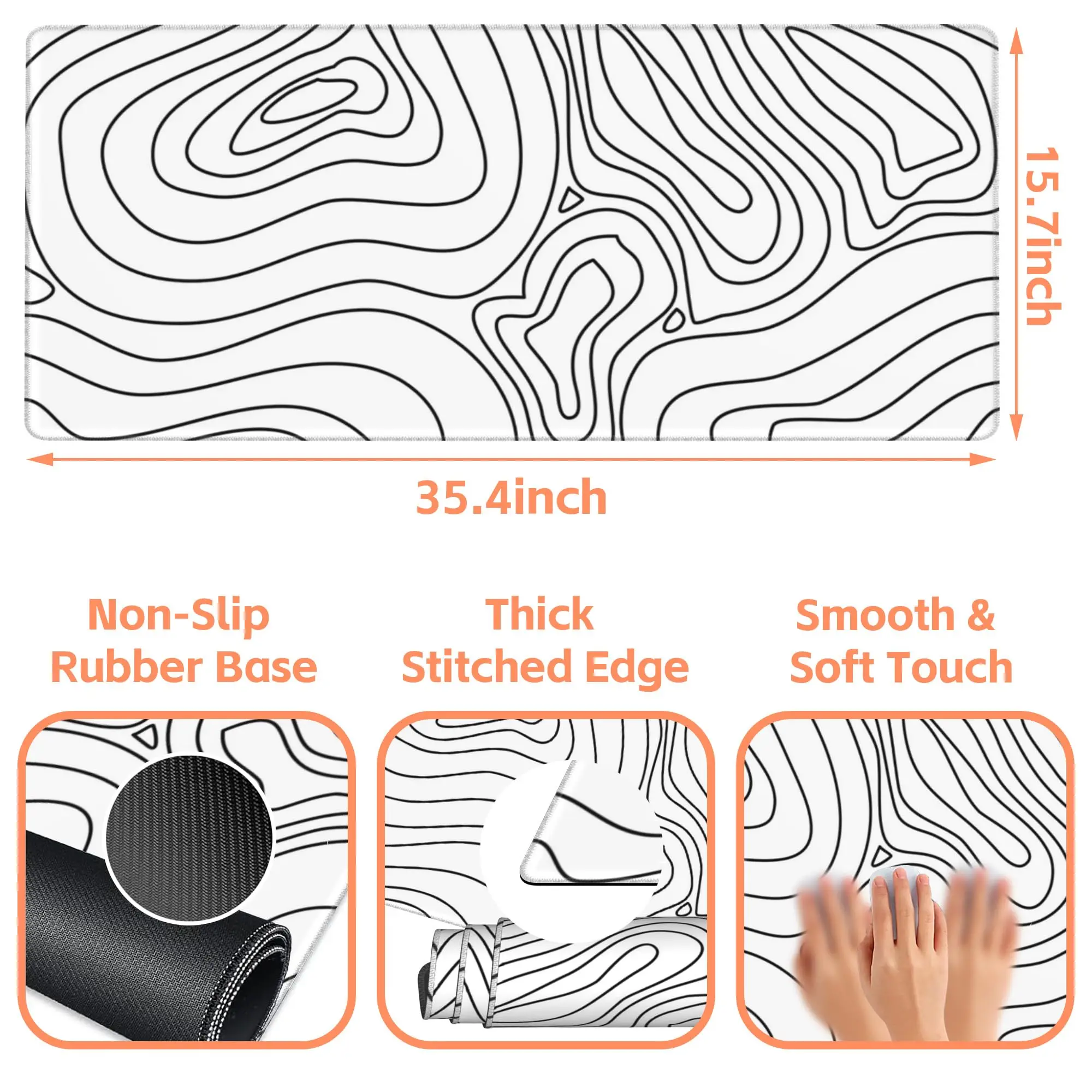 Large Mouse Pad Topographic Contour Map Non-Slip Game Desk Mat with Stitched Edge Laptop Keyboard Desk Pad for Work Home Gaming