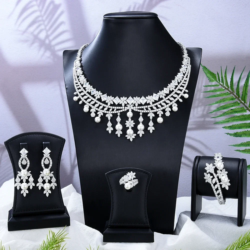 Soramoore Luxury 4PCS Big Bold Flowers African Nigerian Jewelry Set For Women Wedding Party Zirconia Indian Bridal Accessory