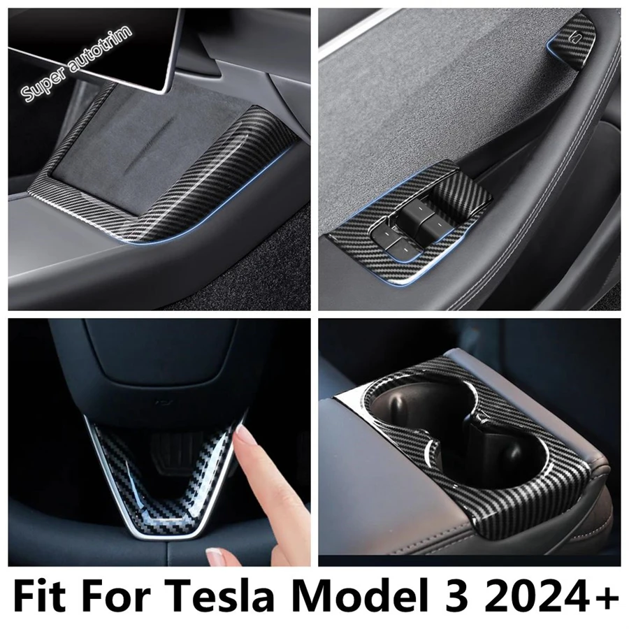 Central Storage Box Panel / Water Cup Holder / Steering Wheel / Window Lift Button Cover Trim Accessories For Tesla Model 3 2024