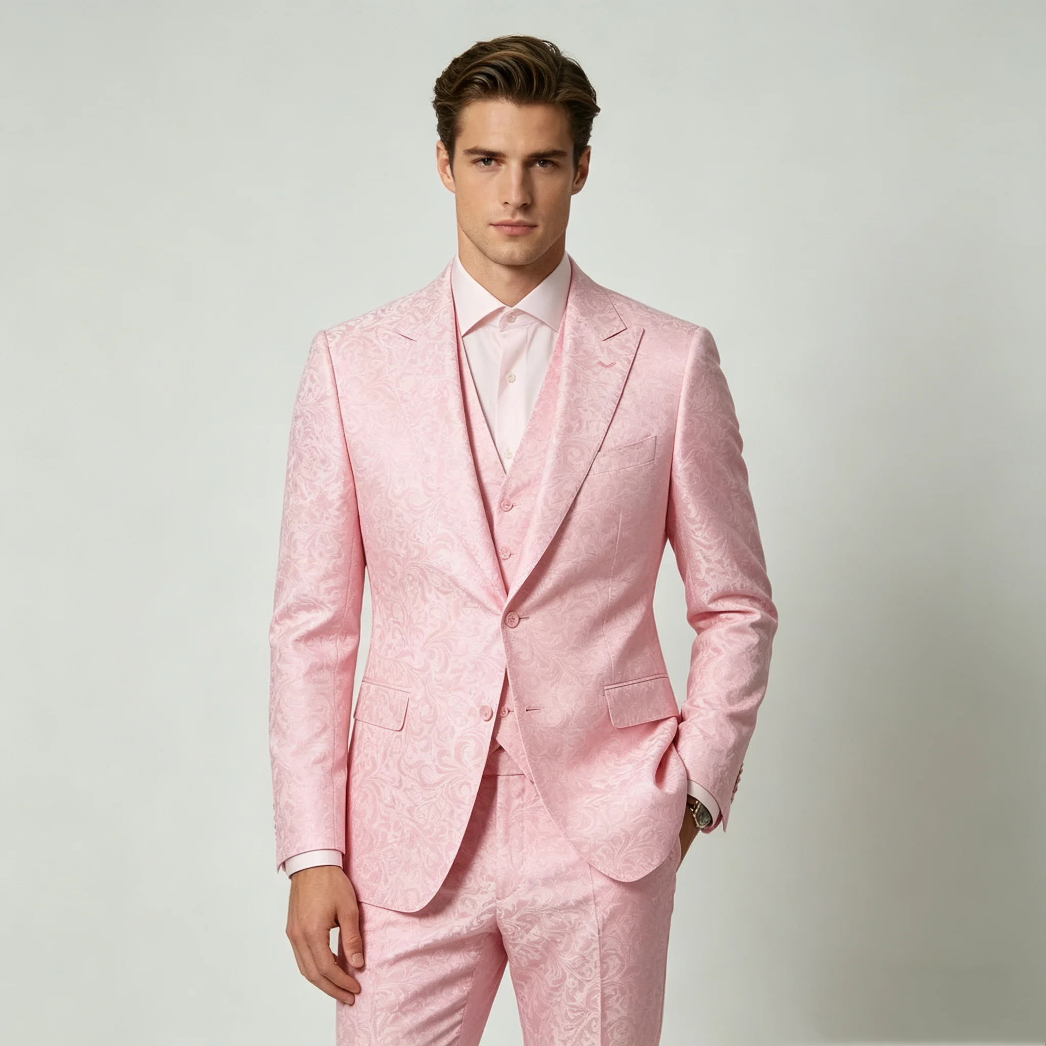 

Pink Printed Men Suit Set 2 Pcs Blazer+Pants Spring Autumn Prom Wedding Tuxedos Coat Customized Formal Office Groom Jacket