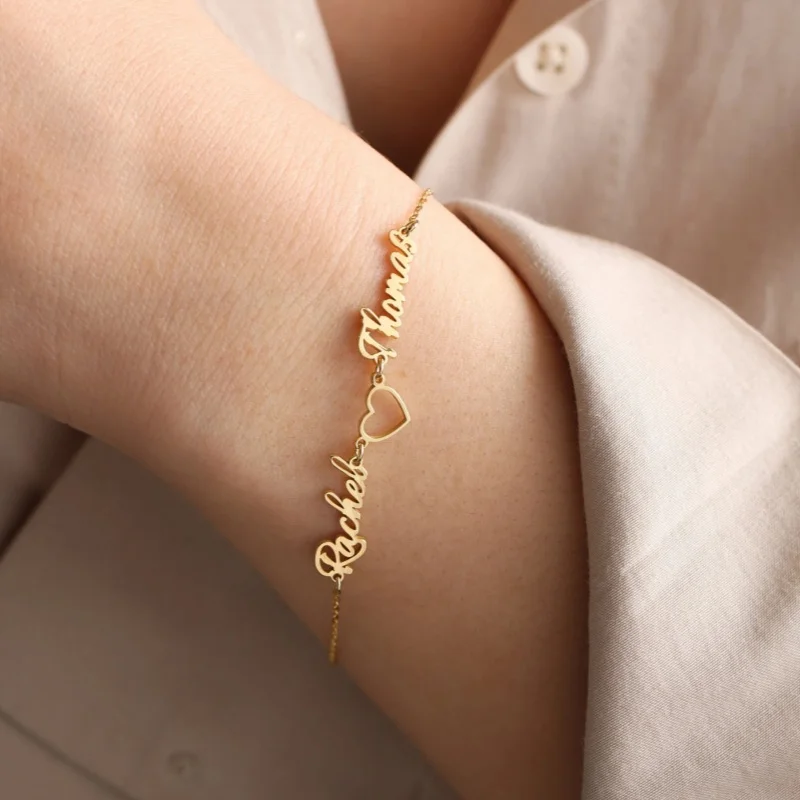 Custom Heart-Shaped Double-Name Bracelet, Stainless Steel Letter Bracelet, Personalized Couples' Name Jewelry, Birthday Gift