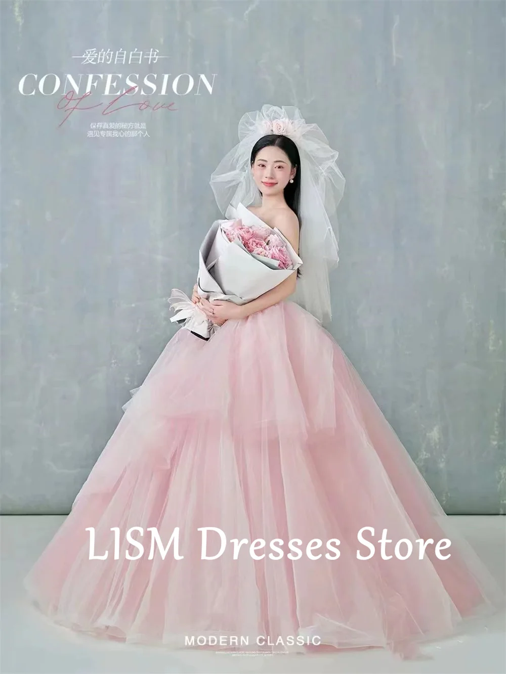 LISM Princess Pink Wedding Dresses Strapless A-line Bridal Ball Gown Sleeveless Custom Made Elegant Korea Photo Shoot Dresses