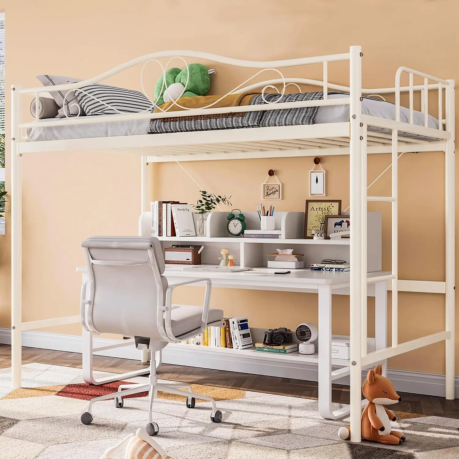 Twin Loft Bed with Ladder & Safety Guardrail for Kids, Heavy Duty Metal Frame, 400 lbs Capacity, Reversible Ladder
