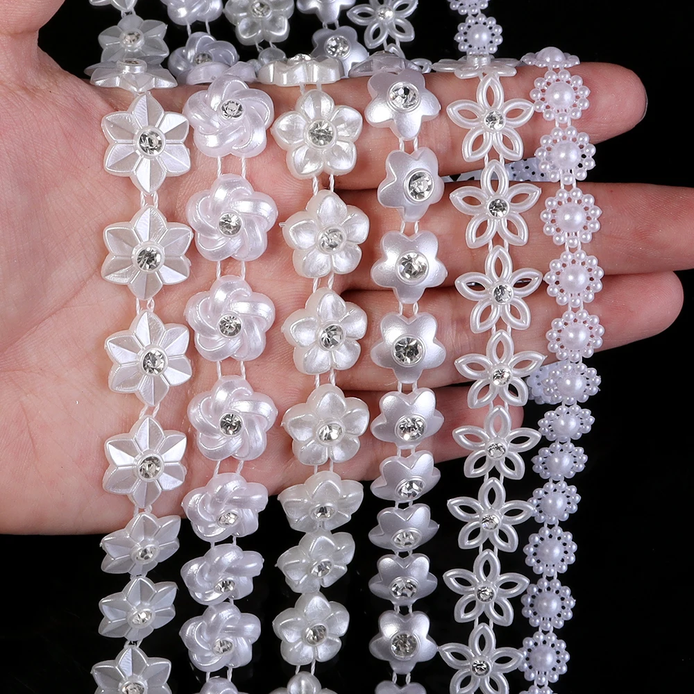 

3Yards/Roll ABS Pearl Chain Inlaid Diamond Flower Shape Chain Wedding Dress Chain Round Bead Chain DIY Decoration Accessories