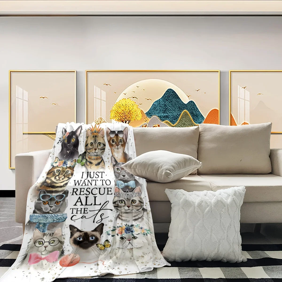 Cute Cat Lover Blanket Throw Cozy Aesthetic Plush Gift for Cat Mom Pet Owner Whimsical Winter Decor Fleece Blanket 150x230cm Thr