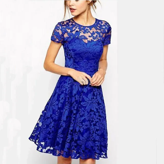 2024 New Fashion Sexy Slim Fit Knee-length Round Neck Short-sleeved Lace Solid Color Dress Prom Dress