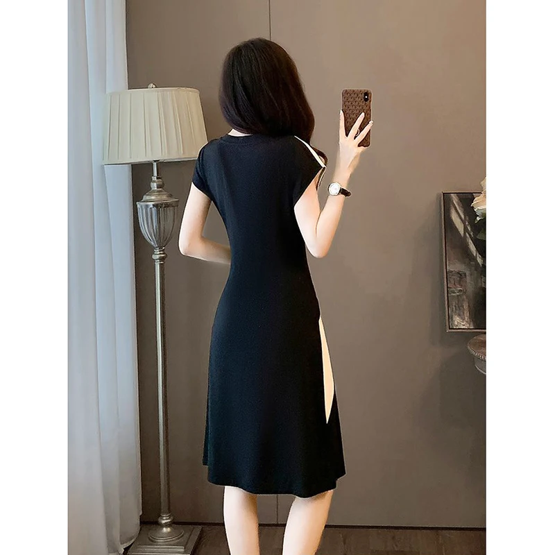 2024 Summer New Elegant Fashion Patchwork Midi Vestido Women Temperament Short Sleeve A-line Robe Ladies Casual Waist Slim Dress